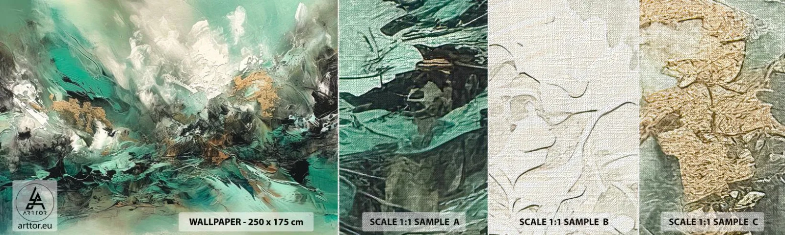 Amostra de papel de parede Premium Canvas - Surf esmeralda e preto - Abstração, Pedaço, Pintar - 100x30 cm