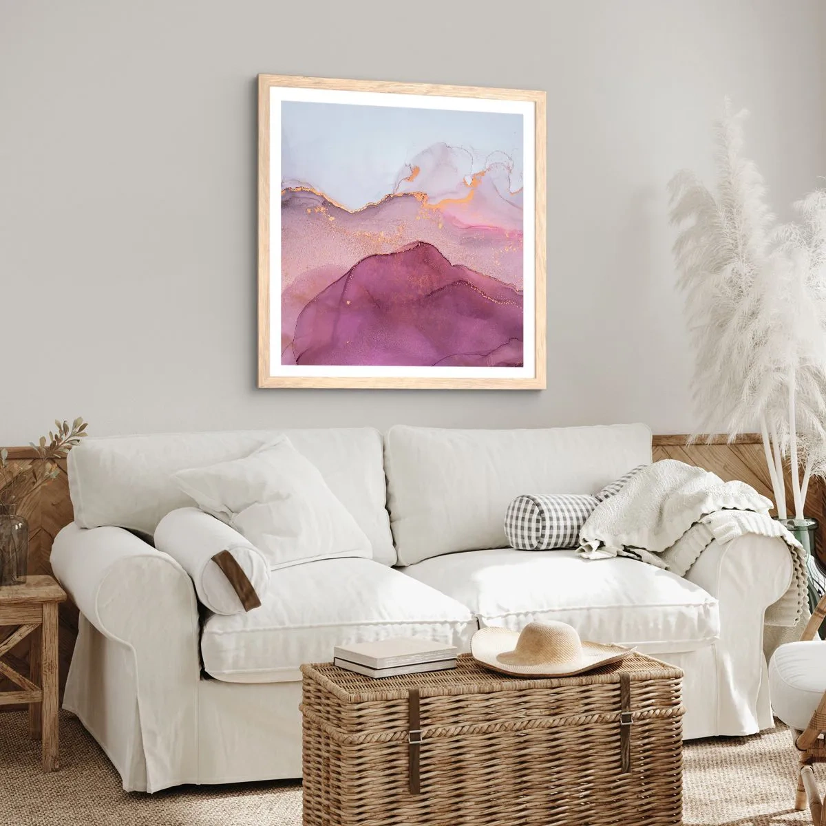 Pôster com moldura de carvalho claro - Ondas de lilás e roxo - 40x40 cm