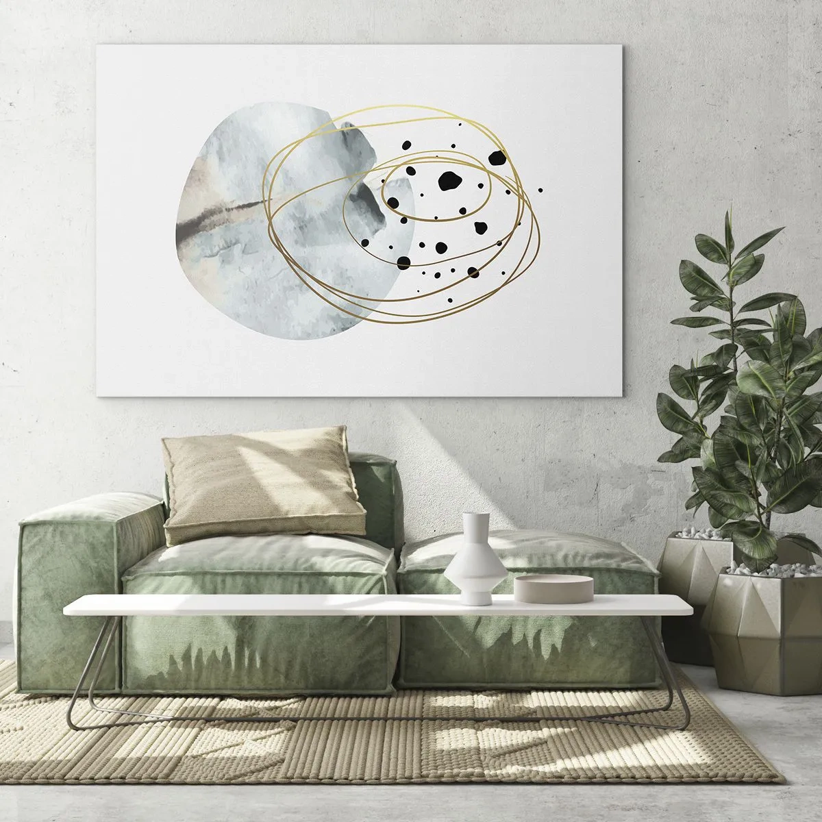 Quadro em vidro - Composição abstrata com uma mancha azul e linhas douradas - 70x50cm - No abraço ao espaço - Decoração de parede moderna para a sala de estar e quarto ARTTOR