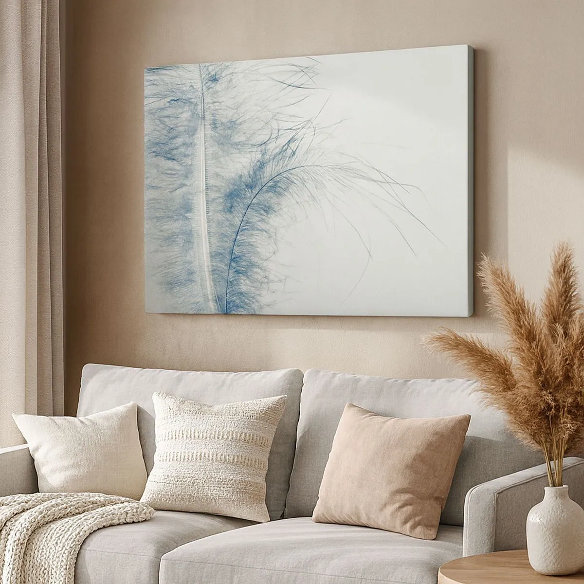 Quadro em tela - Uma pena delicada em tons pastéis sobre um fundo claro - 70x50cm - O sussurro da natureza - Decoração de parede moderna para a sala de estar e quarto ARTTOR