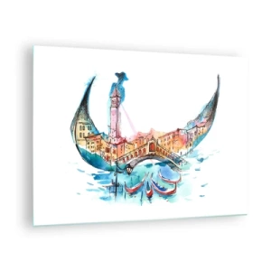 Quadro em vidro - Panorama em aquarela de Veneza em forma de máscara - 70x50cm - Navegamos pela cidade - Decoração de parede moderna para a sala de estar e quarto ARTTOR