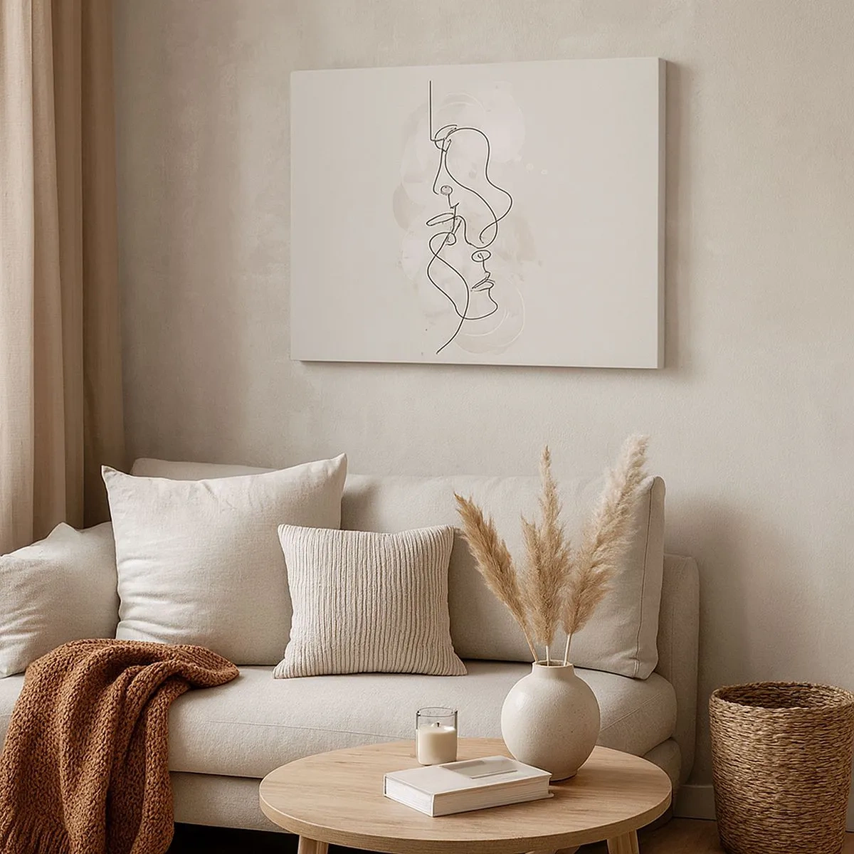 Quadro em tela - Contorno abstrato de dois rostos em um fundo claro - 70x50cm - Emaranhados num abraço - Decoração de parede moderna para a sala de estar e quarto ARTTOR