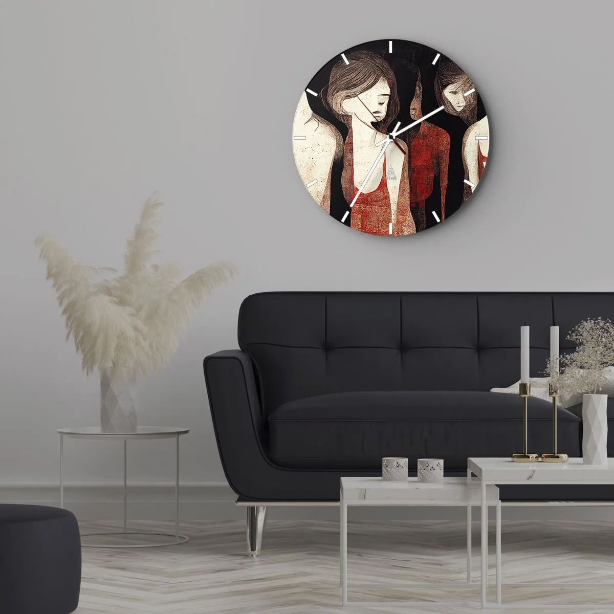 Relógio de parede - Relógio em vidro - Figuras de mulheres em vermelho sobre fundo escuro - 30x30cm - Madonas das trevas - Decoração de parede moderna para a sala de estar, cozinha e quarto ARTTOR