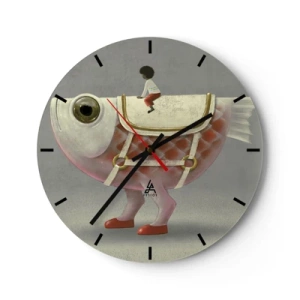Relógio de parede - Relógio em vidro - Uma figura em um peixe grande com uma sela e botas em um fundo cinza - 30x30cm - O cavaleiro Peixoso - Decoração de parede moderna para a sala de estar, cozinha e quarto ARTTOR
