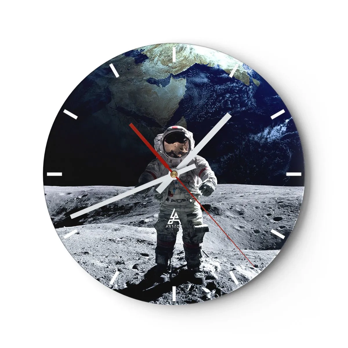 Relógio de parede - Relógio em vidro - Astronauta na superfície lunar - 30x30cm - Saudações da Lua - Decoração de parede moderna para a sala de estar, cozinha e quarto ARTTOR