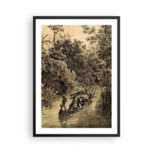Pôster com moldura preta - Uma gravura de uma floresta tropical e um barco em um rio - 50x70cm - Viagem à fonte - Decoração de parede moderna para a sala de estar e quarto ARTTOR