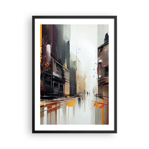 Pôster com moldura preta - Panorama abstrato da cidade em tons de cinza e laranja - 50x70cm - Dia chuvoso - Decoração de parede moderna para a sala de estar e quarto ARTTOR