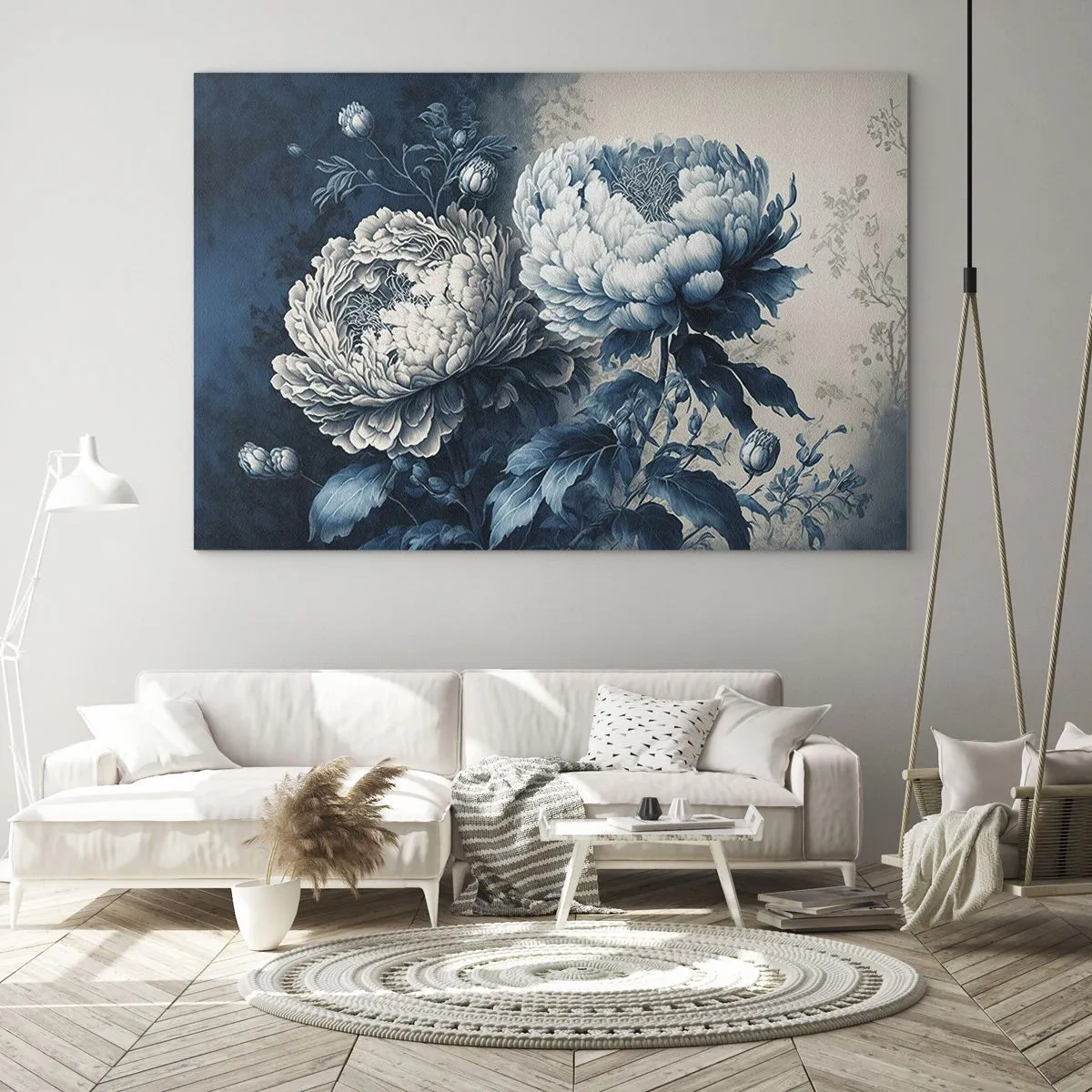 Quadro em vidro - Peônias bicolores em tons de azul e bege sobre fundo vintage - 70x50cm - Casal que combina - Decoração de parede moderna para a sala de estar e quarto ARTTOR
