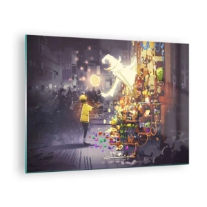 Quadro em vidro - Uma criança com uma camiseta clara em uma barraca iluminada cheia de doces coloridos - 70x50cm - Os feitiços existem - Decoração de parede moderna para a sala de estar e quarto ARTTOR