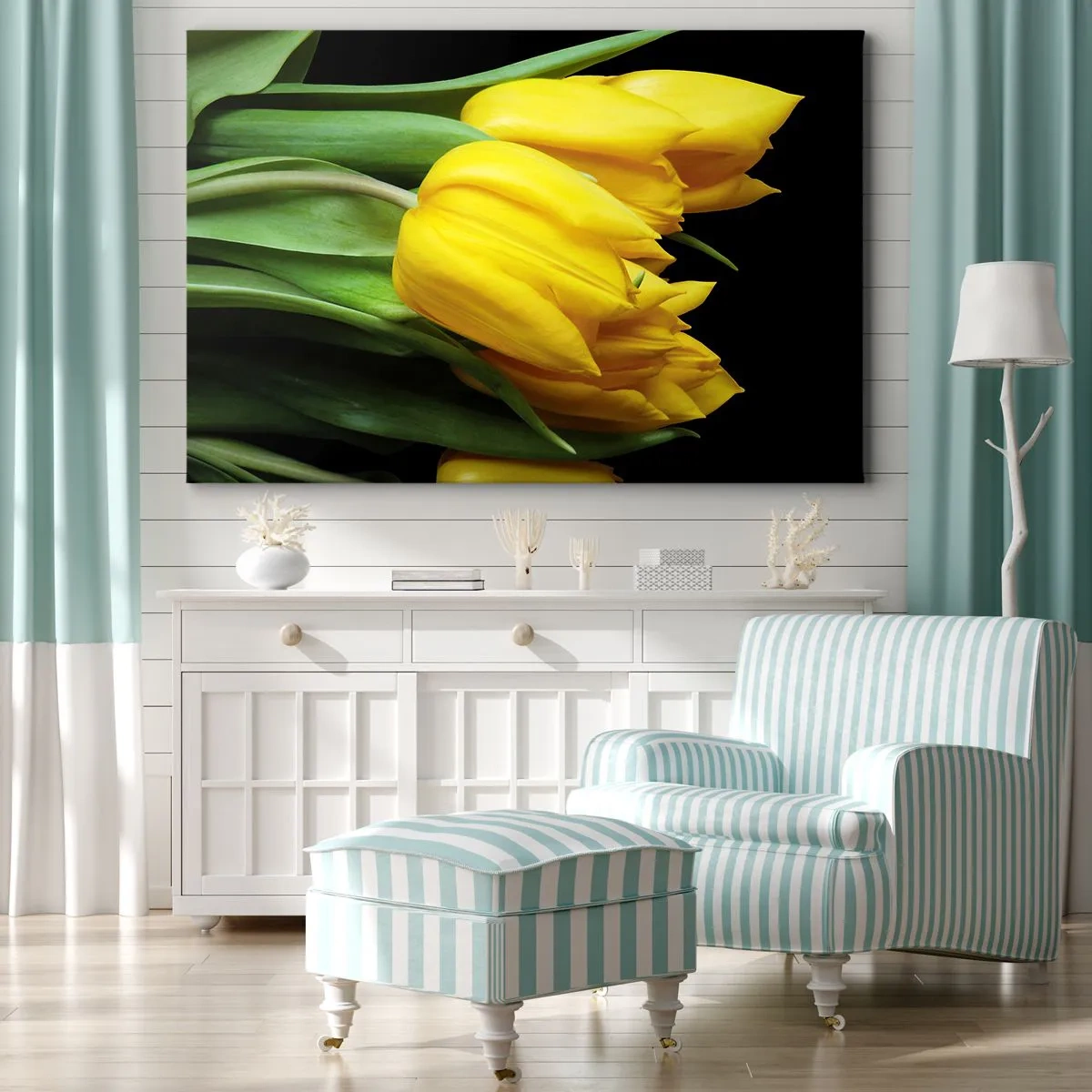 Quadro em tela - Um buquê de tulipas amarelas em um fundo preto - 70x50cm - Feitas a partir do sol - Decoração de parede moderna para a sala de estar e quarto ARTTOR