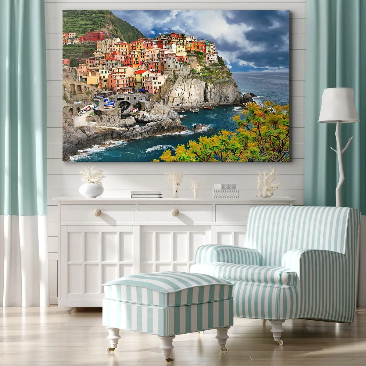 Quadro em tela - Casas coloridas em um penhasco com vista para o mar em Cinque Terre - 70x50cm - Um aglomerado nas rochas - Decoração de parede moderna para a sala de estar e quarto ARTTOR