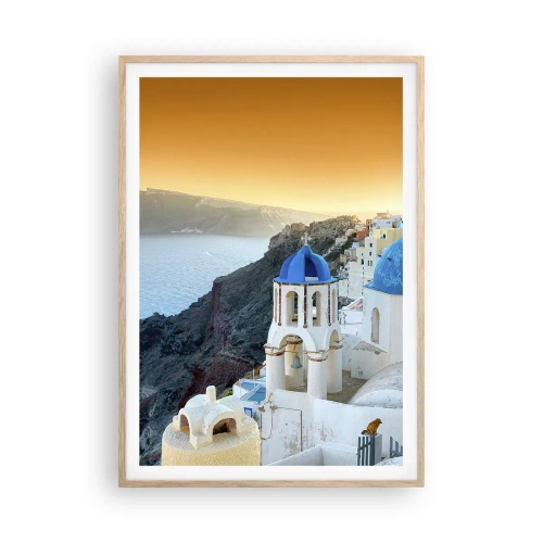 Pôster com moldura de carvalho claro - Santorini - abraçada às rochas - 70x100 cm