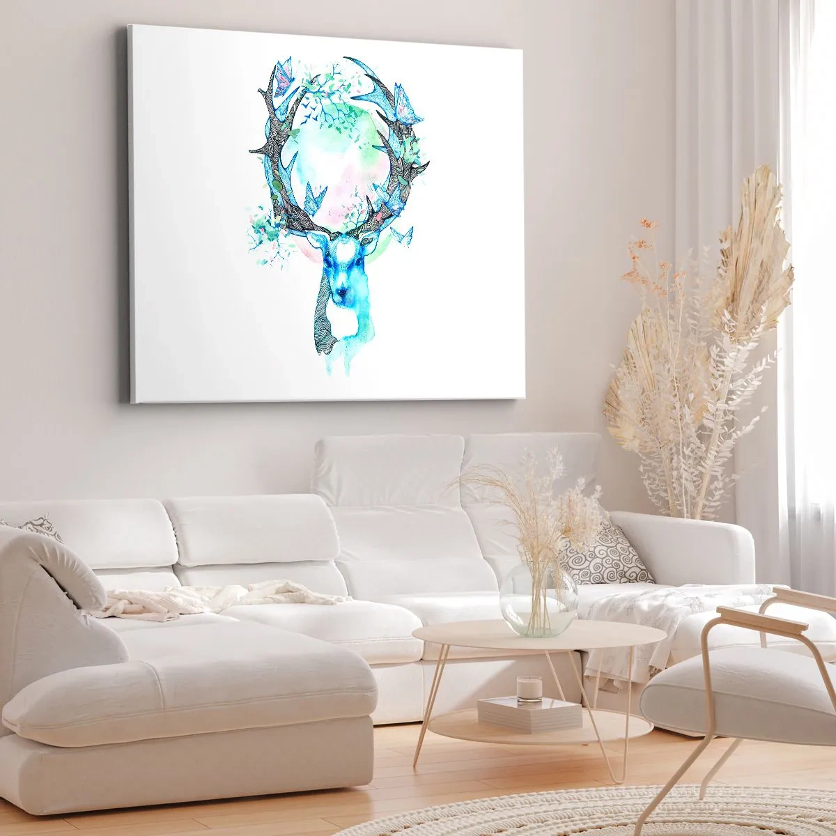Quadro em tela - Um gráfico de veado caprichoso com um motivo de natureza e borboleta - 70x50cm - A força e a delicadeza da natureza - Decoração de parede moderna para a sala de estar e quarto ARTTOR