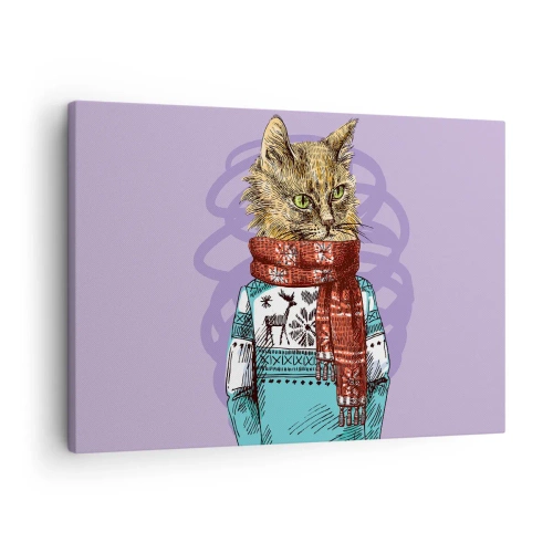 Quadro em tela - Um gato com um suéter e cachecol em um fundo roxo - 70x50cm - Gato não só de botas - Decoração de parede moderna para a sala de estar e quarto ARTTOR