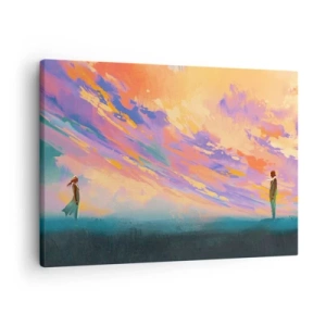 Quadro em tela - Uma cena dinâmica com figuras contra um céu colorido de pôr do sol - 70x50cm - A força da atração - Decoração de parede moderna para a sala de estar e quarto ARTTOR
