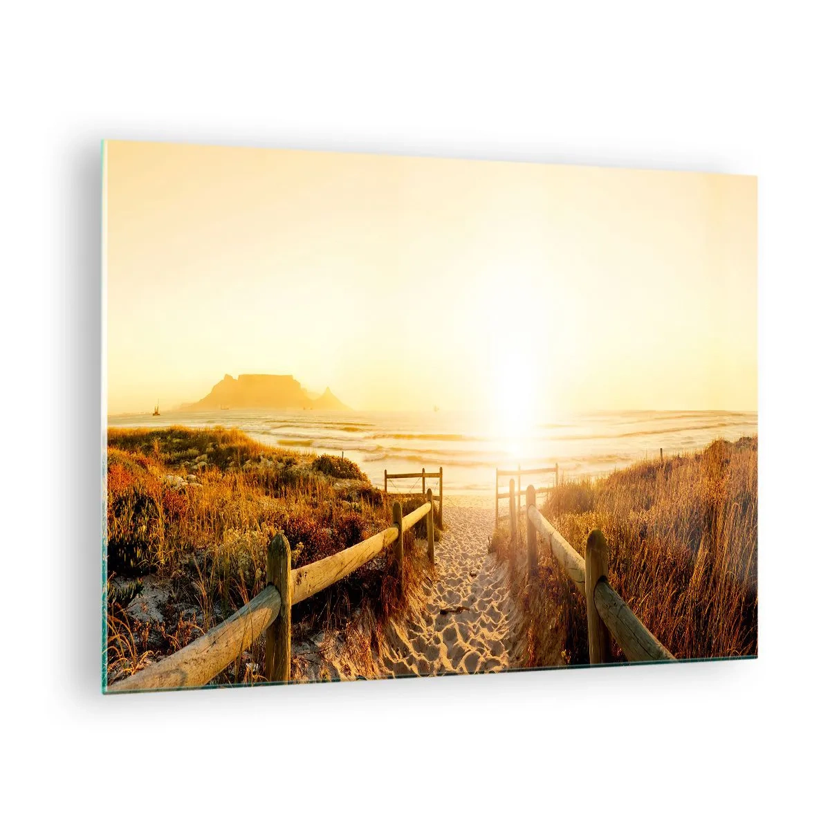 Quadro em vidro - Caminho sobre a duna que leva à praia ao pôr do sol - 70x50cm - Pelaa duna, em direção ao sol - Decoração de parede moderna para a sala de estar e quarto ARTTOR
