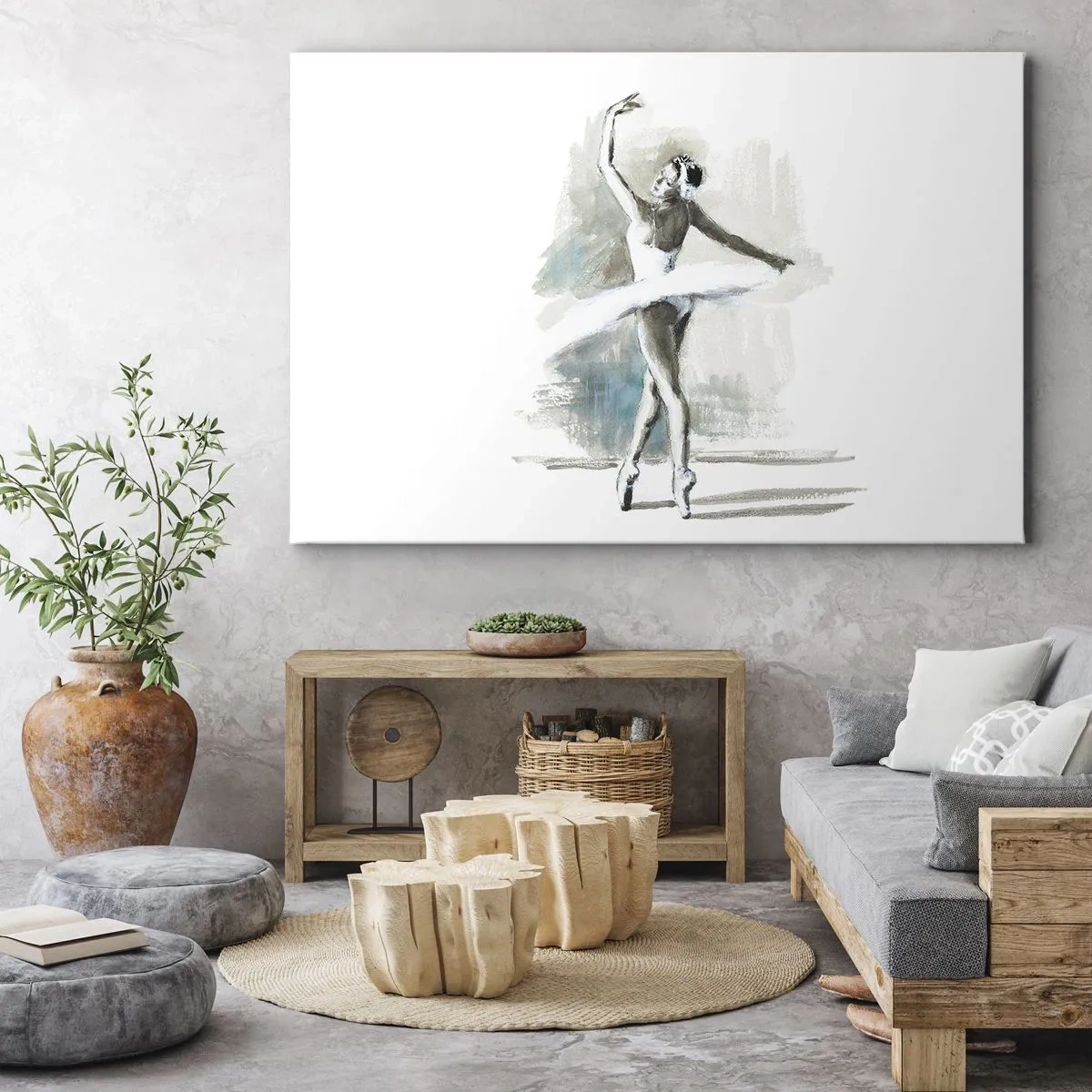 Quadro em tela - Uma bailarina em pose de balé sobre um fundo de delicados tons de aquarela. - 70x50cm - Encantada num cisne - Decoração de parede moderna para a sala de estar e quarto ARTTOR