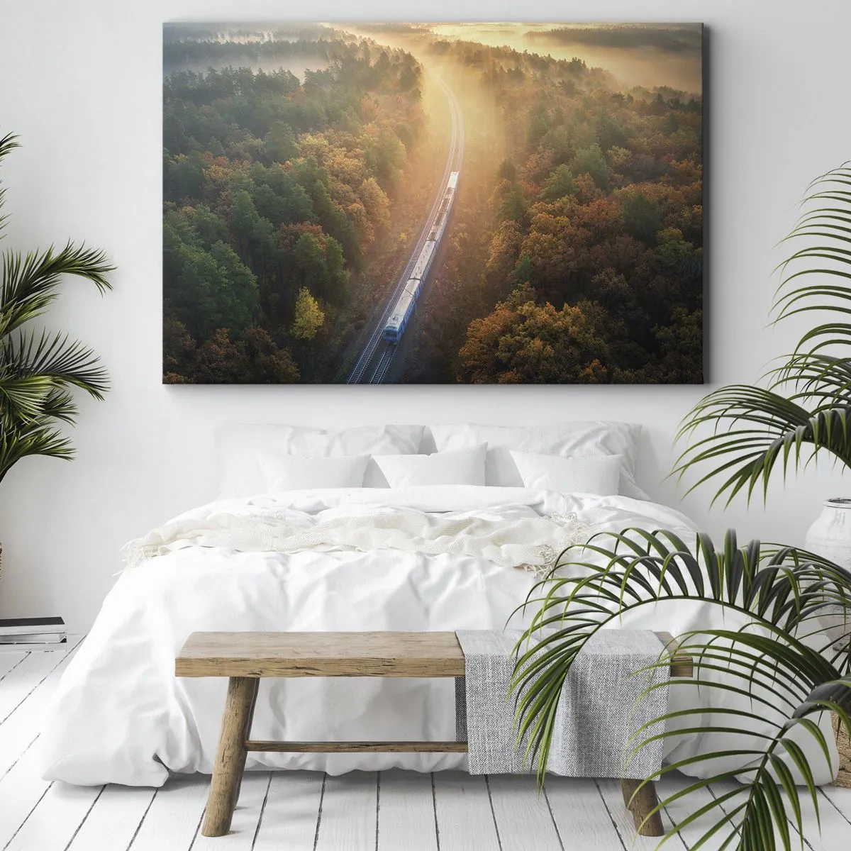 Quadro em tela - Um trem em uma floresta de outono ao amanhecer - 70x50cm - Uma viagem de outono - Decoração de parede moderna para a sala de estar e quarto ARTTOR