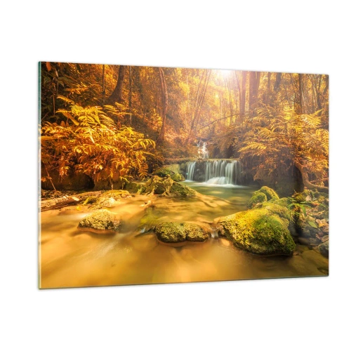 Quadro em vidro - Cascata na floresta em ouro - 120x80 cm