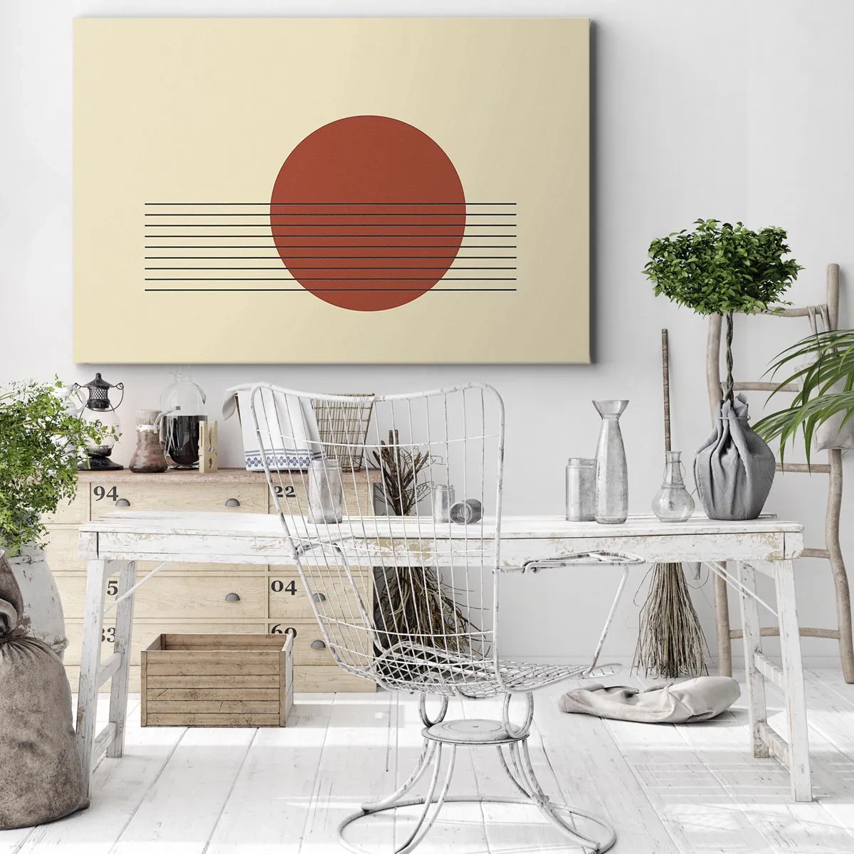 Quadro em tela - Círculo vermelho abstrato com linhas em um fundo bege. - 70x50cm - Em círculo e mais além - Decoração de parede moderna para a sala de estar e quarto ARTTOR