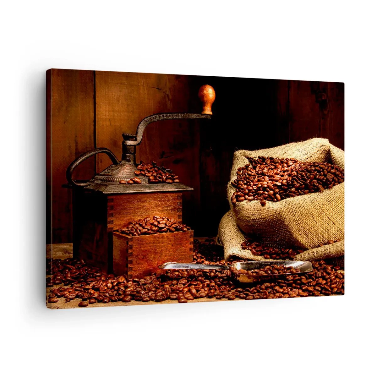 Quadro em tela - Um antigo moedor de café com grãos e um saco em estilo rústico. - 70x50cm - Natureza morta com grãos de café e moedor - Decoração de parede moderna para a sala de estar e quarto ARTTOR