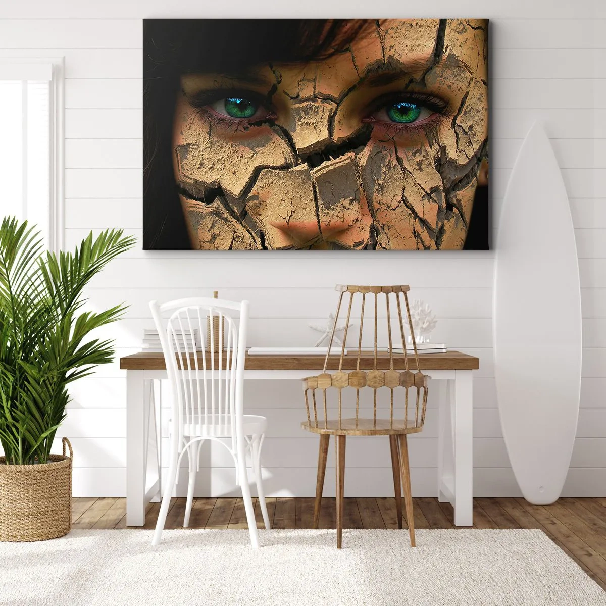 Quadro em tela - O rosto de uma mulher de olhos verdes coberto por uma estrutura de terra rachada - 70x50cm - Admiração e medo ao mesmo tempo - Decoração de parede moderna para a sala de estar e quarto ARTTOR