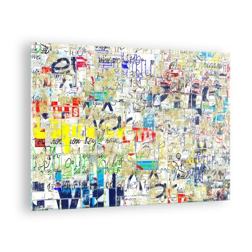 Quadro em vidro - Uma composição abstrata com mistura de cores e inscrições. - 70x50cm - Simplesmente agradável aos olhos - Decoração de parede moderna para a sala de estar e quarto ARTTOR