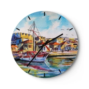 Relógio de parede - Relógio em vidro - Uma marina colorida com veleiros e edifícios de estilo mediterrâneo - 30x30cm - Tarde de arco-íris - Decoração de parede moderna para a sala de estar, cozinha e quarto ARTTOR