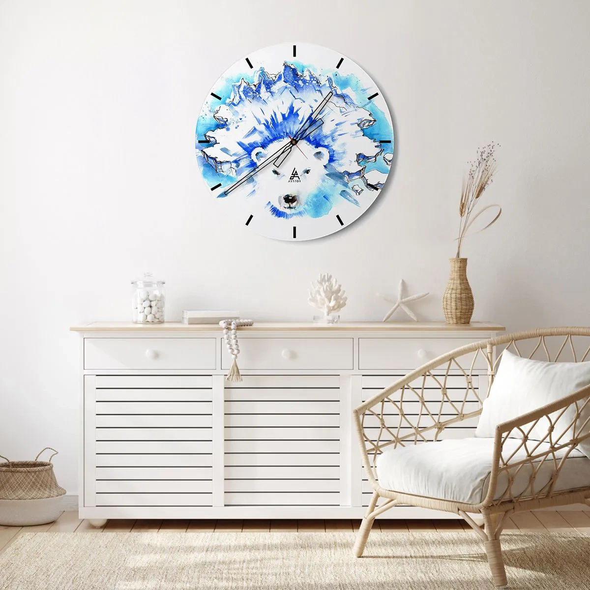 Relógio de parede - Relógio em vidro - Um urso branco com uma coroa de gelo em tons de azul e branco - 30x30cm - O Rei do Ártico em uma coroa de gelo - Decoração de parede moderna para a sala de estar, cozinha e quarto ARTTOR