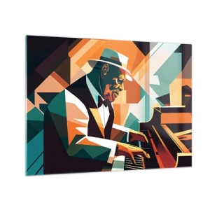 Quadro em vidro - Um retrato colorido de um pianista de estilo jazz - 70x50cm - Todo aquele jazz - Decoração de parede moderna para a sala de estar e quarto ARTTOR