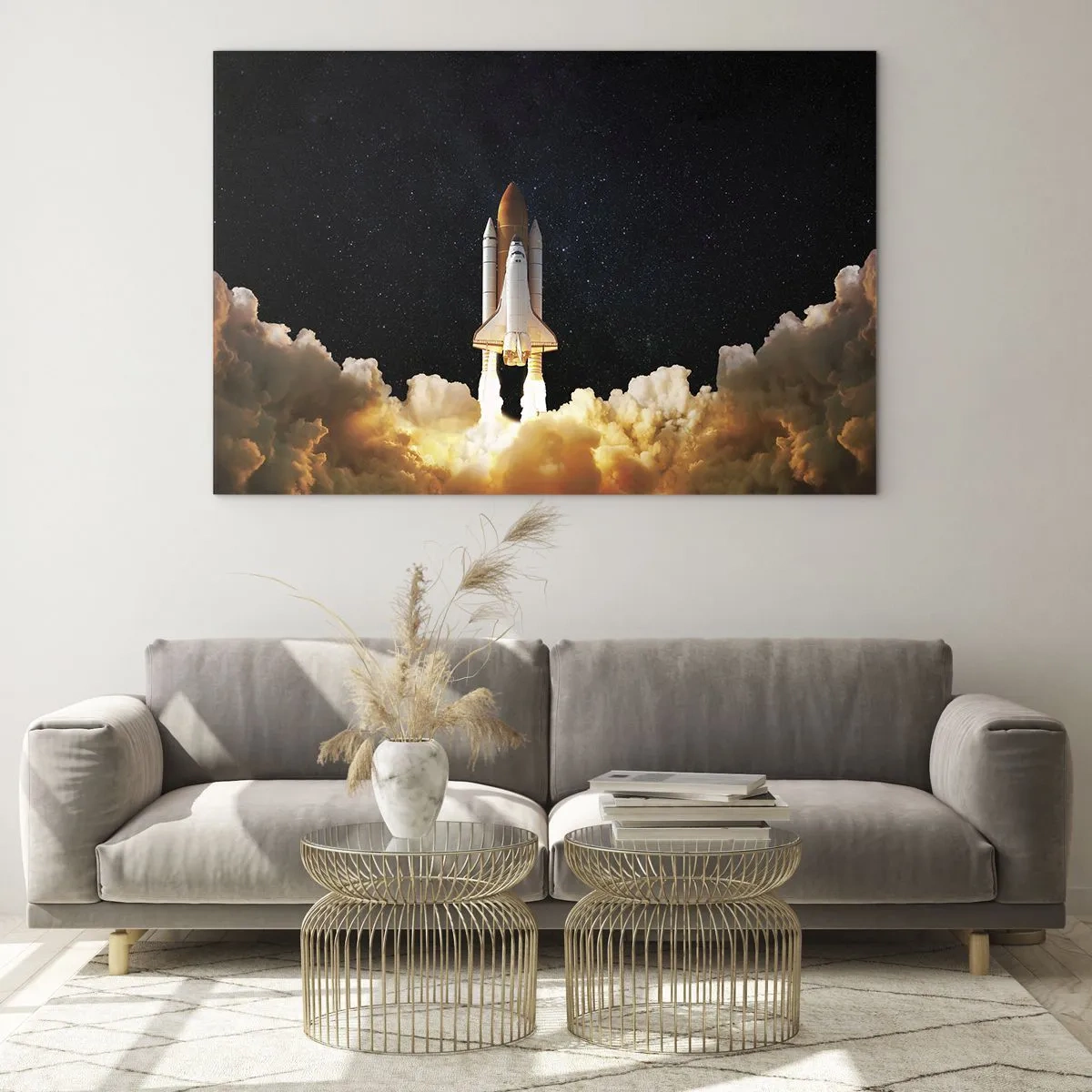 Quadro em vidro - Um ônibus espacial decolando contra um céu estrelado - 70x50cm - Ad astra! - Decoração de parede moderna para a sala de estar e quarto ARTTOR