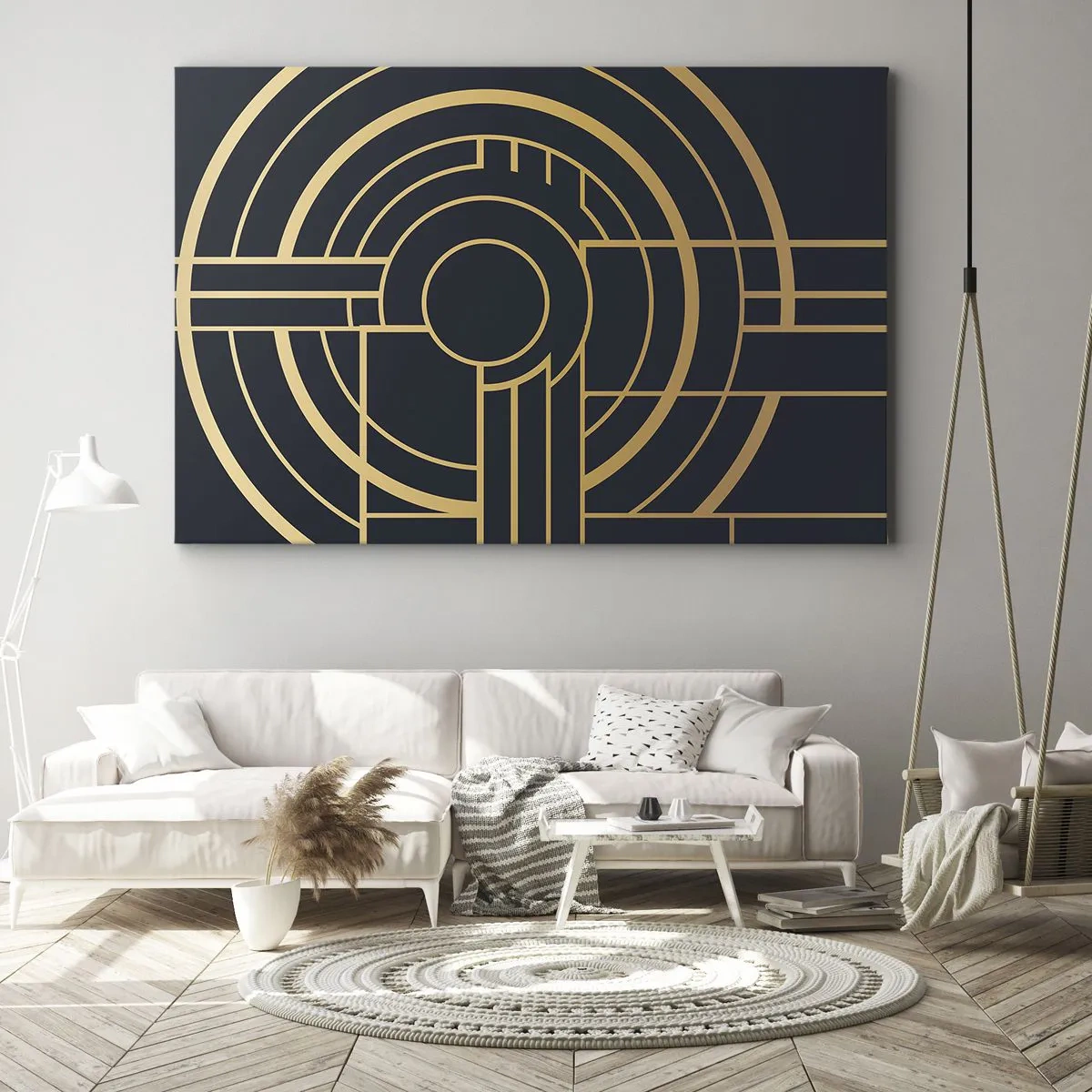 Quadro em tela - Padrão geométrico com linhas douradas - 70x50cm - Rotação das coisas - Decoração de parede moderna para a sala de estar e quarto ARTTOR