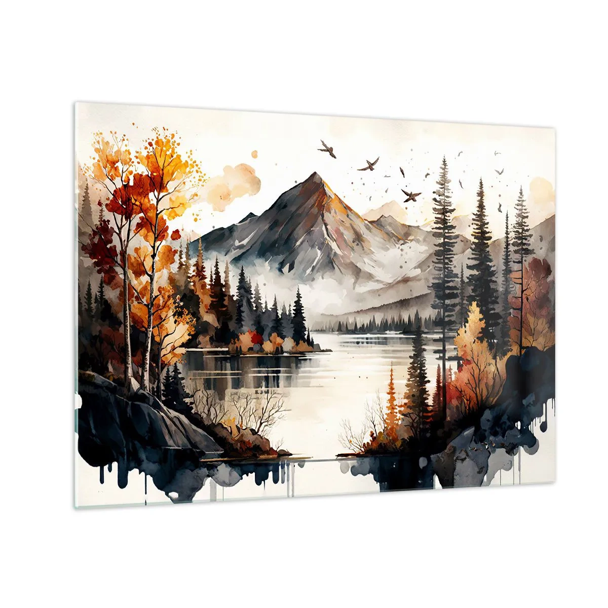Quadro em vidro - Paisagem montanhosa de outono com lago e floresta - 70x50cm - Outono dourado nas montanhas - Decoração de parede moderna para a sala de estar e quarto ARTTOR