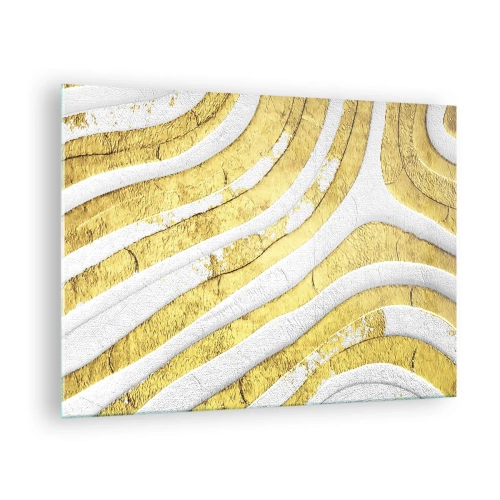 Quadro em vidro - Ondas abstratas de ouro e branco com efeito textural - 70x50cm - Composição a branco e ouro - Decoração de parede moderna para a sala de estar e quarto ARTTOR