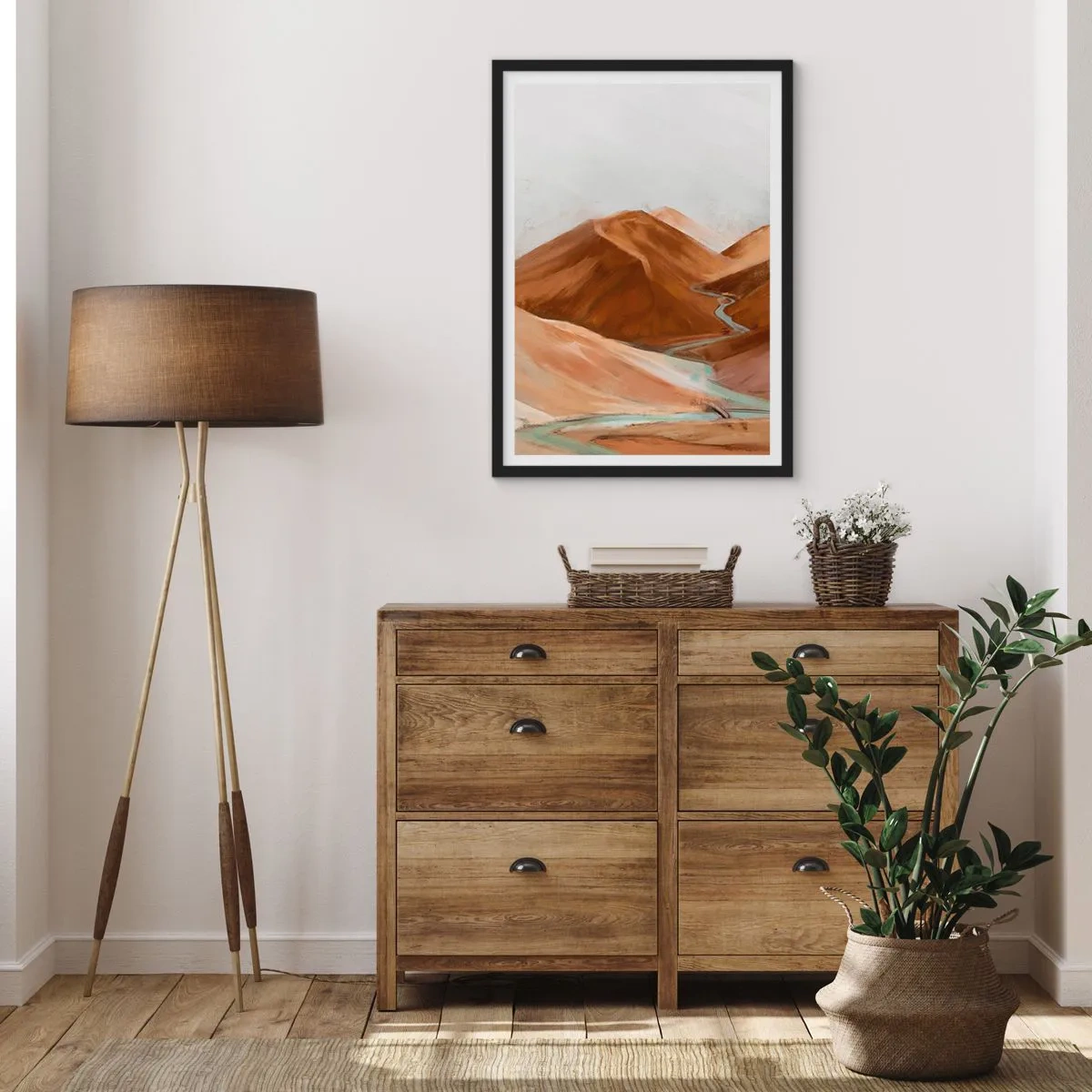 Pôster com moldura preta - Um rio fluindo através de montanhas marrons, uma paisagem estilizada - 50x70cm - Para a fonte - Decoração de parede moderna para a sala de estar e quarto ARTTOR