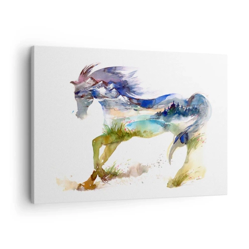 Quadro em tela - Aquarela de um cavalo com uma paisagem de montanha em silhueta - 70x50cm - Do prado direto para o céu - Decoração de parede moderna para a sala de estar e quarto ARTTOR