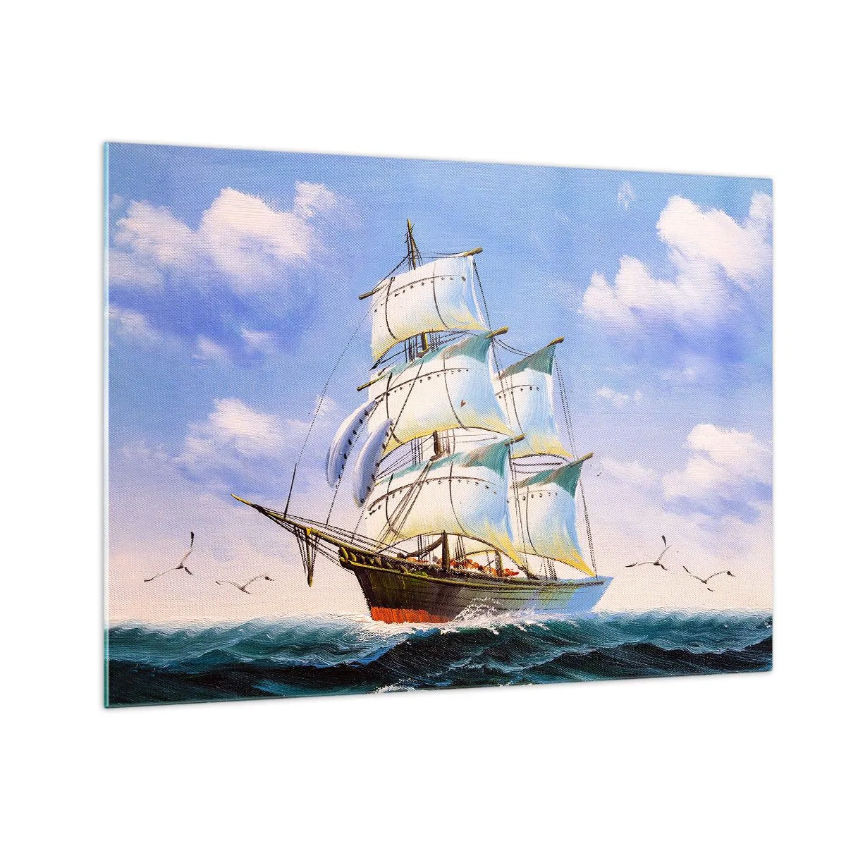 Quadro em vidro - Um veleiro em alto mar sob um céu azul - 70x50cm - Orgulhosamente com o vento - Decoração de parede moderna para a sala de estar e quarto ARTTOR