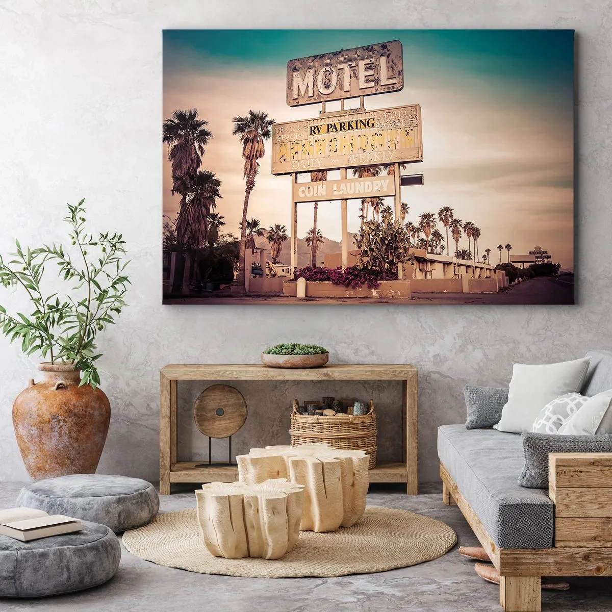 Quadro em tela - Placa de motel retrô cercada por palmeiras - 70x50cm - O tempo parou aqui - Decoração de parede moderna para a sala de estar e quarto ARTTOR