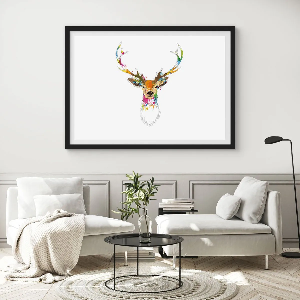 Pôster com moldura preta - Um cervo gentil banhado em cores - 91x61 cm