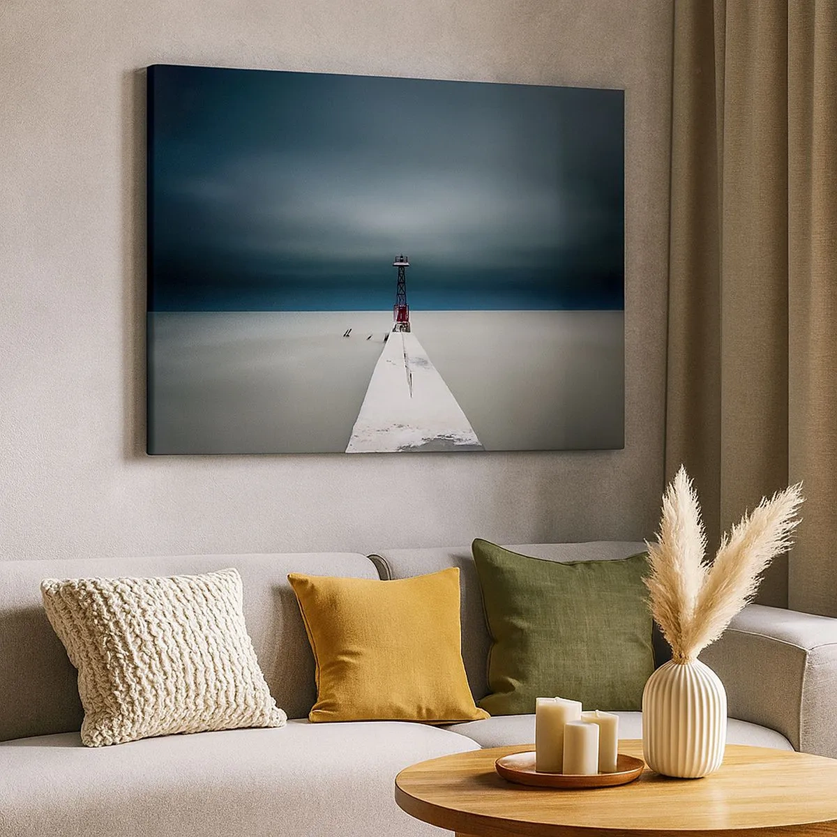 Quadro em tela - Um farol no final de um píer de concreto em uma paisagem árida - 70x50cm - Ao encontro do infinito - Decoração de parede moderna para a sala de estar e quarto ARTTOR