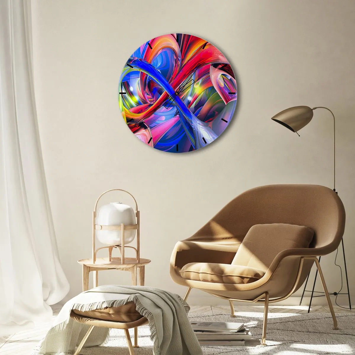 Relógio de parede - Relógio em vidro - Uma composição abstrata em cores vivas e intensas. - 30x30cm - Dança das cores - Decoração de parede moderna para a sala de estar, cozinha e quarto ARTTOR