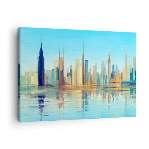 Quadro em tela - Um panorama da cidade em cores quentes com reflexo na água - 70x50cm - Uma metrópole ensolarada - Decoração de parede moderna para a sala de estar e quarto ARTTOR