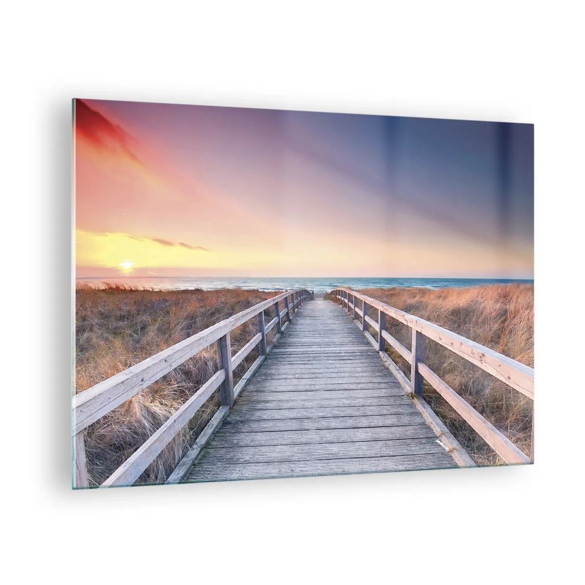 Quadro em vidro - Cais de madeira que leva à praia ao pôr do sol - 70x50cm - Aurora da noite do Báltico - Decoração de parede moderna para a sala de estar e quarto ARTTOR