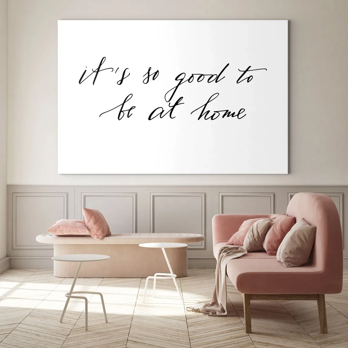Quadro em vidro - Citação "É tão bom estar em casa" em fundo branco - 70x50cm - Toda a verdade - Decoração de parede moderna para a sala de estar e quarto ARTTOR