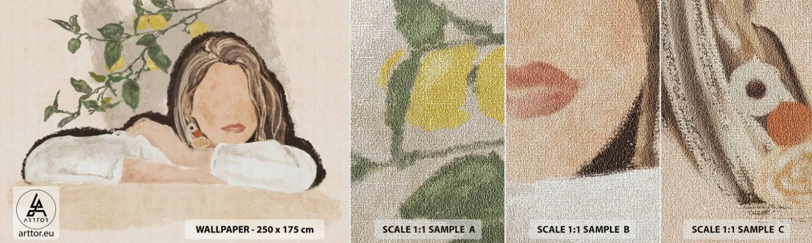 Amostra de papel de parede Premium Canvas - Beleza do sul - Mulher, Limões, Minimalismo - 100x30 cm