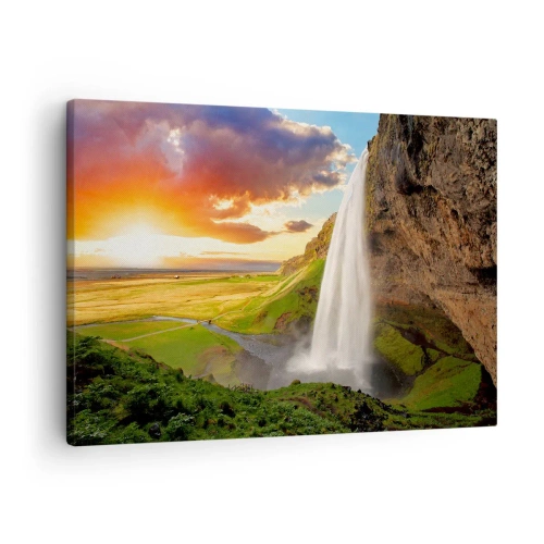Quadro em tela - Uma cachoeira em uma paisagem pitoresca ao pôr do sol - 70x50cm - A plenitude do Verão islandês - Decoração de parede moderna para a sala de estar e quarto ARTTOR