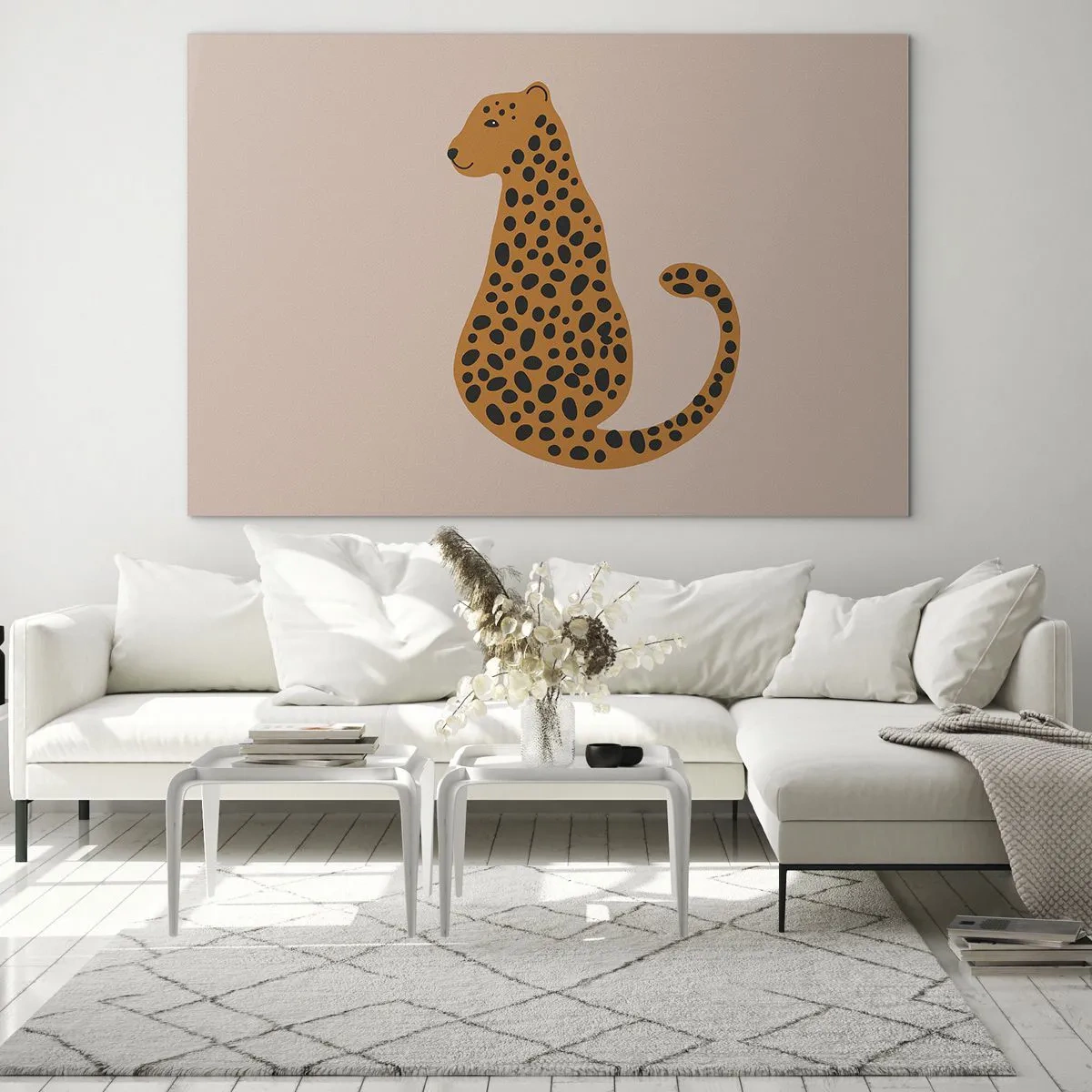Quadro em vidro - Ilustração de uma pantera com manchas pretas em um fundo bege - 70x50cm - A estampa de leopardo está na moda - Decoração de parede moderna para a sala de estar e quarto ARTTOR