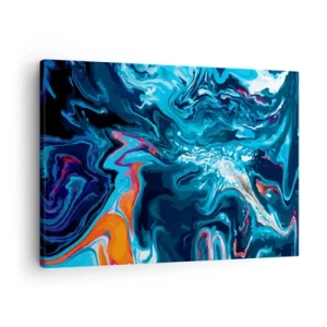 Quadro em tela - Um padrão abstrato em tons de azul com detalhes em laranja. - 70x50cm - Viagem ao centro do céu - Decoração de parede moderna para a sala de estar e quarto ARTTOR