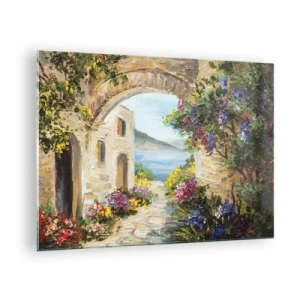 Quadro em vidro - Uma rua pitoresca com vista para o lago - 70x50cm - O encanto da província costeira - Decoração de parede moderna para a sala de estar e quarto ARTTOR
