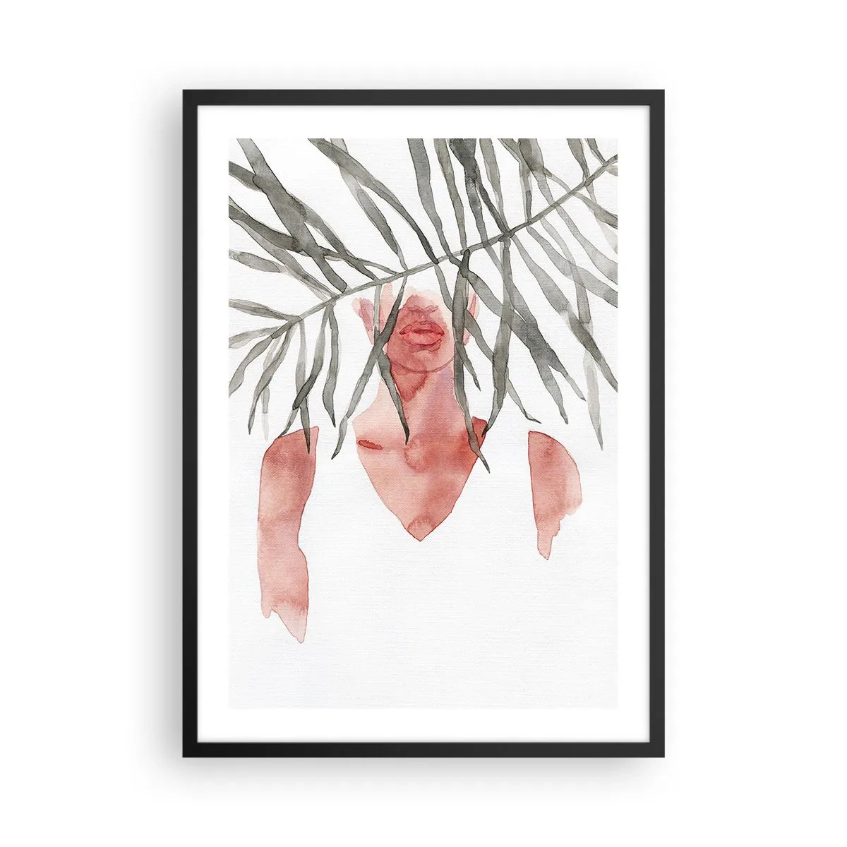 Pôster com moldura preta - Silhueta em aquarela de uma mulher escondida atrás de folhas - 50x70cm - A dama dos trópicos - Decoração de parede moderna para a sala de estar e quarto ARTTOR